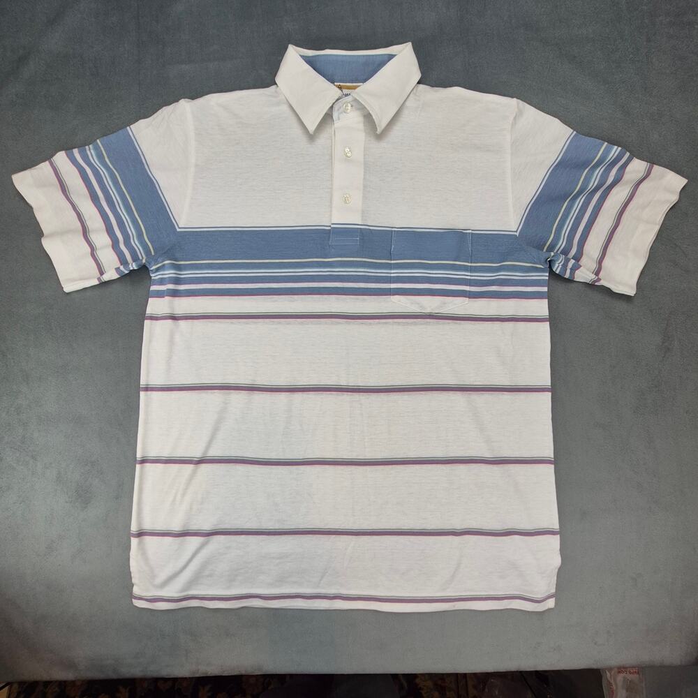 London Fog Blue Striped Polo Men's Vintage Shirt Sleeve Front Pocket Shirt L